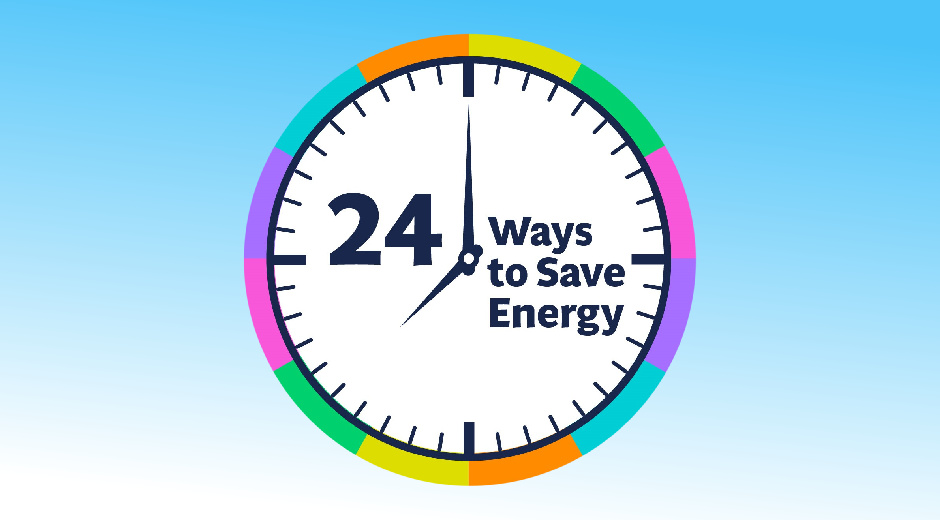 Colorful graphic clock promoting 24 ways to save energy