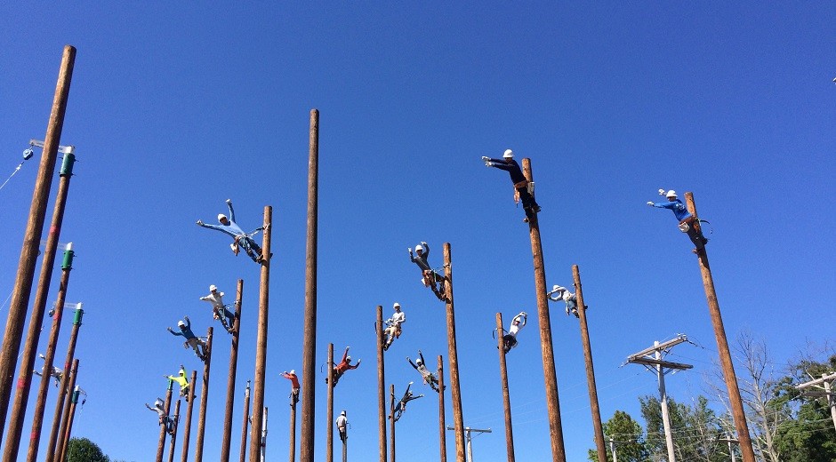 Power Systems Institute students climbing utility poles