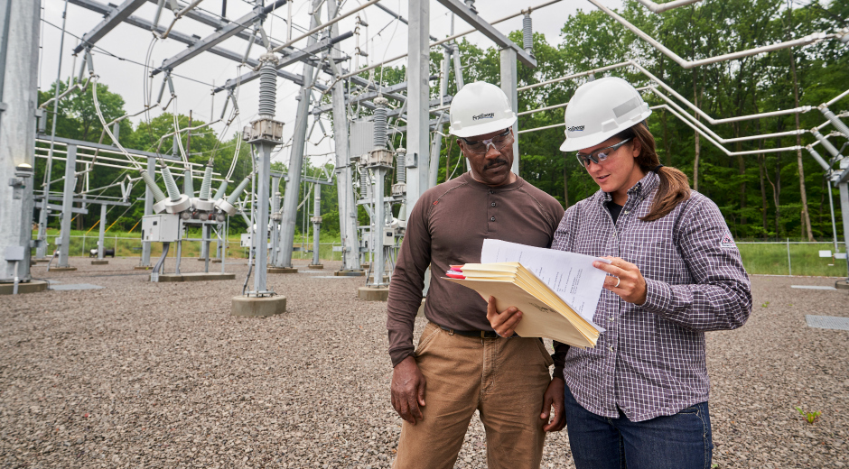 Employees looking at paperwork at substation