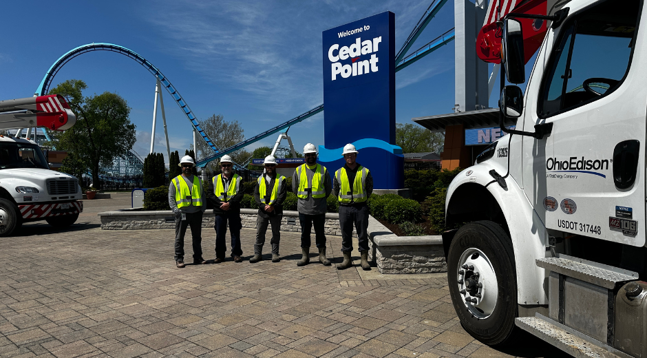 Ohio Edison line workers standing outside of Cedar Point