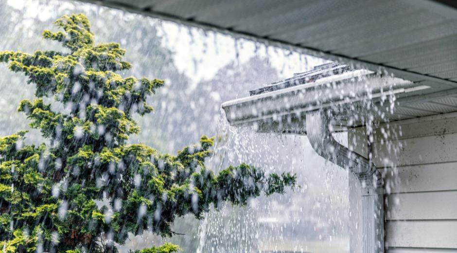 Rain falling from home gutters